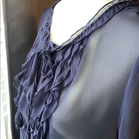 🦋 Sheer, Ruffle Navy Button Down Blouse - Picture 4 of 10